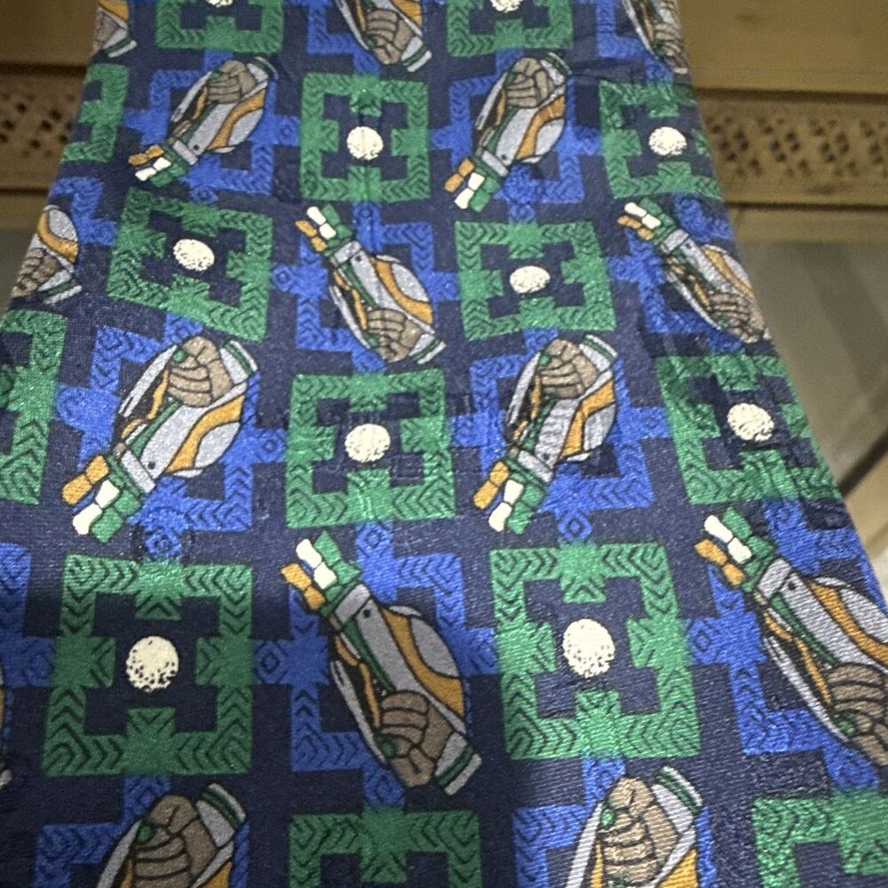 Slammer Munsingwear Men's Tie Blue Green White Tan Geometric Golf Pattern